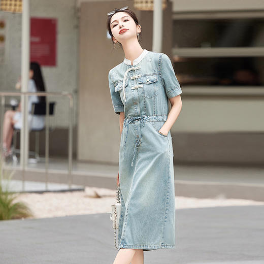 HR WY89039中式风时尚复古拼接撞色收腰显瘦牛仔连衣裙 商品图1