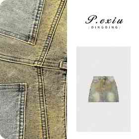 04-3潘依绣丁丁宠粉PanYiXiu/潘依绣100%棉美式复古水洗做旧A字牛仔短裙 D6521