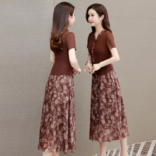 时尚木耳边拼结，短袖V领中长裙QYM-KED-H1906 -Y 商品图2