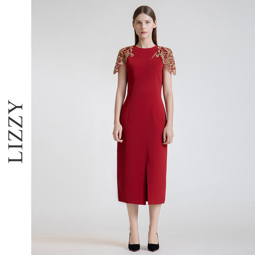 LIZZY 2024轻奢优雅重工钉珠短袖修身开叉礼服连衣裙7645 商品图1