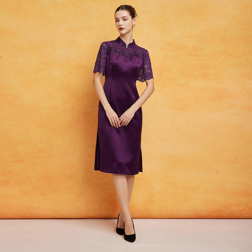 PF8E7斯尔丽2024新款喜婆婆宴会拼接蕾丝改良旗袍烫钻醋酸修身显瘦连衣裙 商品图3