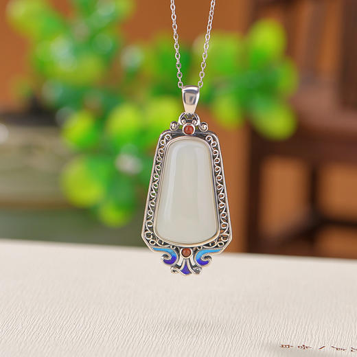 【秀色氤氲】S925银和田白玉南红烧蓝复古吊坠【CW-DZ06379】2406 商品图1