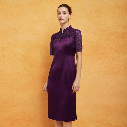 PF8E7斯尔丽2024新款喜婆婆宴会拼接蕾丝改良旗袍烫钻醋酸修身显瘦连衣裙 商品图2