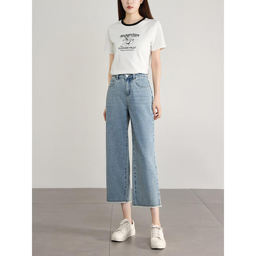 【专属特价】熙世界八分阔腿牛仔裤夏2025新款薄款时髦复古宽松直筒毛边裤子 商品图2