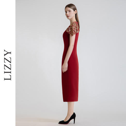 LIZZY 2024轻奢优雅重工钉珠短袖修身开叉礼服连衣裙7645 商品图2