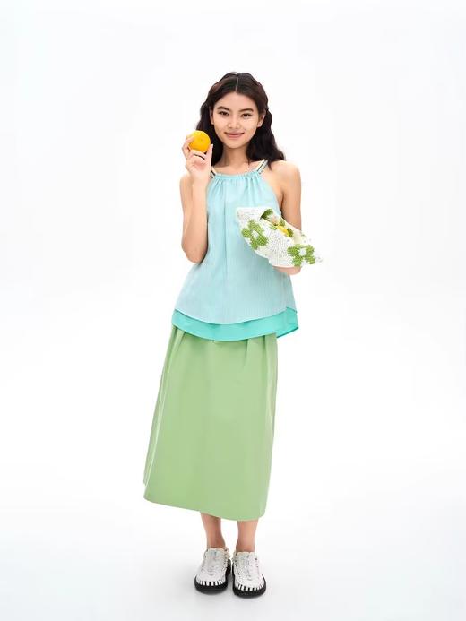 heris/H42114/草果绿细斜棉布 打褶花苞廓形 A字中长半裙百搭 商品图3