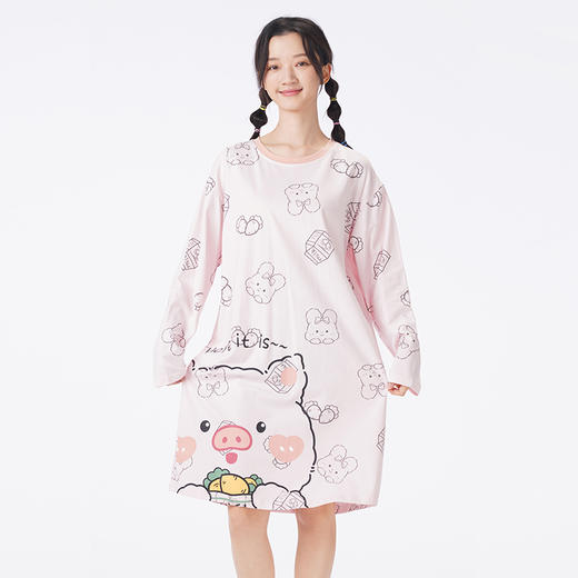 都市丽人睡衣超值精选长袖裙家居服26支CVC单面薄女士棉质睡裙LHT6G5 商品图1