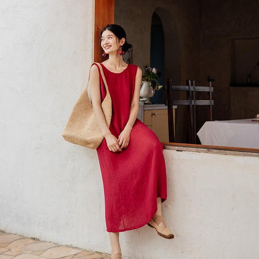 绽放旅行女装414朵/高支加捻亚麻领后开扣设计别致海边度假背心裙 商品图0