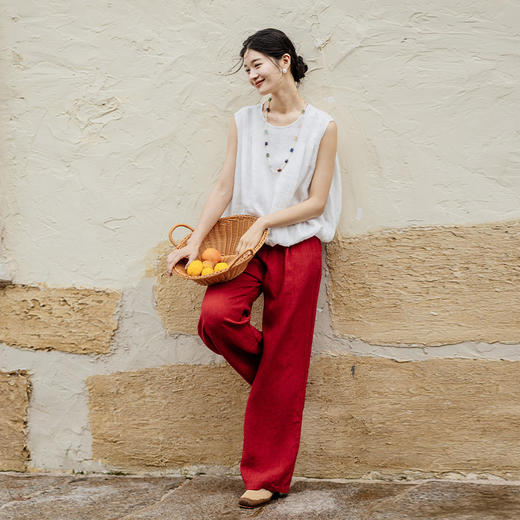 绽放旅行女装433朵/法国进口酵洗重磅色织亚麻直筒显瘦休闲长裤 商品图1