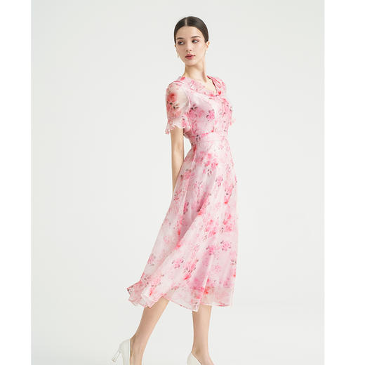 司歌雪纺印花连衣裙荷叶领V领飘逸仙气A891365M 商品图4