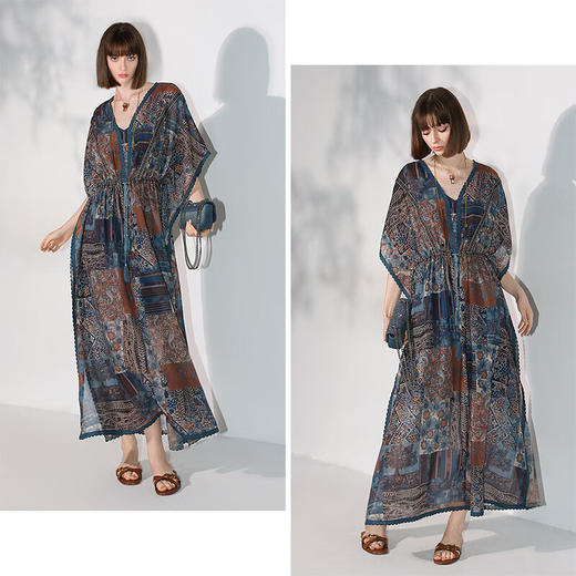 COCOBELLA民族风印花绒雪纺连衣裙7米+蕾丝镶边长裙FR7067 商品图3