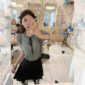 <曾小咸推荐>【时光唱片机】灰色镂空针织短袖上衣