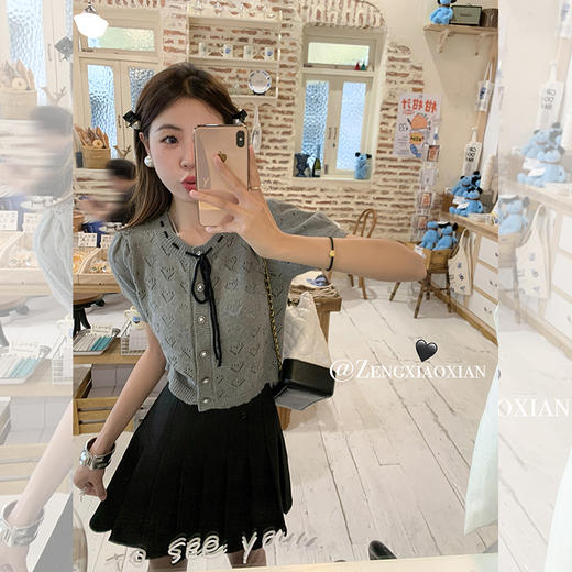 <曾小咸推荐>【时光唱片机】灰色镂空针织短袖上衣 商品图0