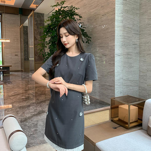 奢姿大码女装2025夏季减龄亮片拼接裙子胖妹妹立体装饰时尚连衣裙9942825748 商品图1