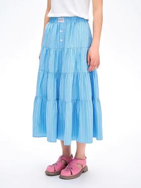 heris/H42110/学院蓝条纹印花 重工拼接A字大摆 蛋糕裙伞裙百搭