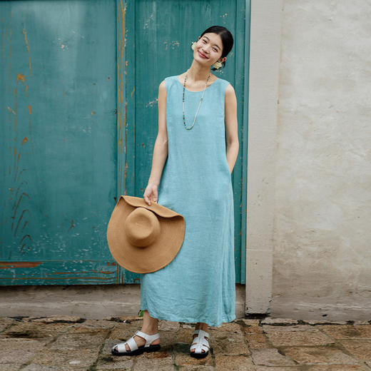 绽放旅行女装414朵/高支加捻亚麻领后开扣设计别致海边度假背心裙 商品图1
