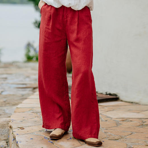 绽放旅行女装433朵/法国进口酵洗重磅色织亚麻直筒显瘦休闲长裤 商品图0