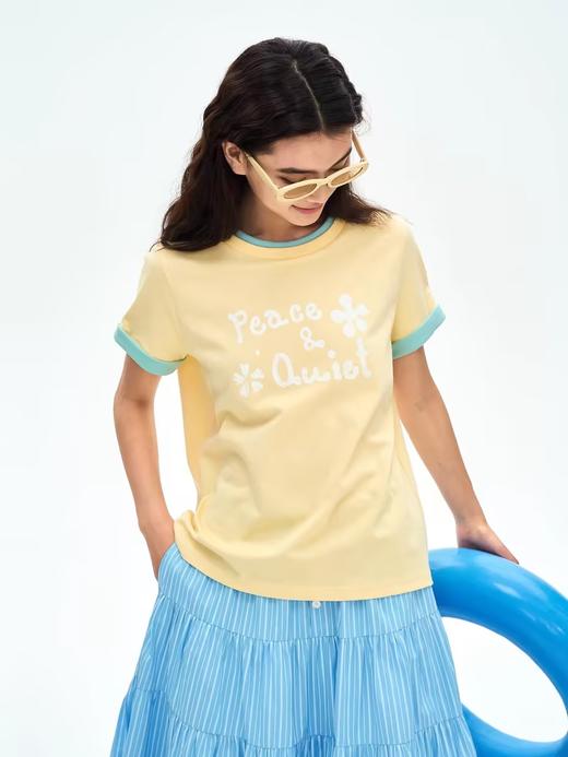 heris/H42111F/H42111H/撞色翻边圆领T 手绘沙粒印花 宽松短袖T恤两色 商品图0