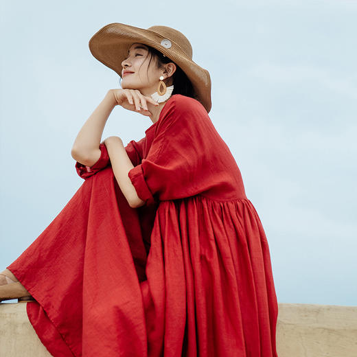 绽放旅行女装411朵/高支砂洗苎麻清凉透气宽松文艺圆领短袖连衣裙 商品图3