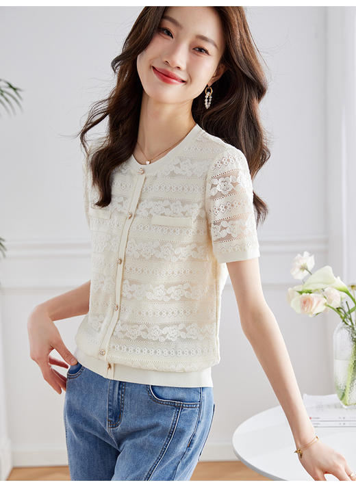 【59元福袋，不支持退换】高级蕾丝上衣女短袖夏季新款撞色圆领勾花镂空时尚小衫 商品图2