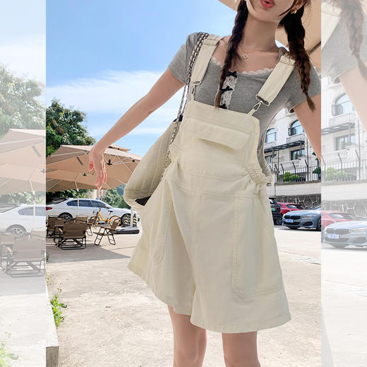 <曾小咸推荐>【贝拉出街】杏色牛仔背带短裤 商品图0