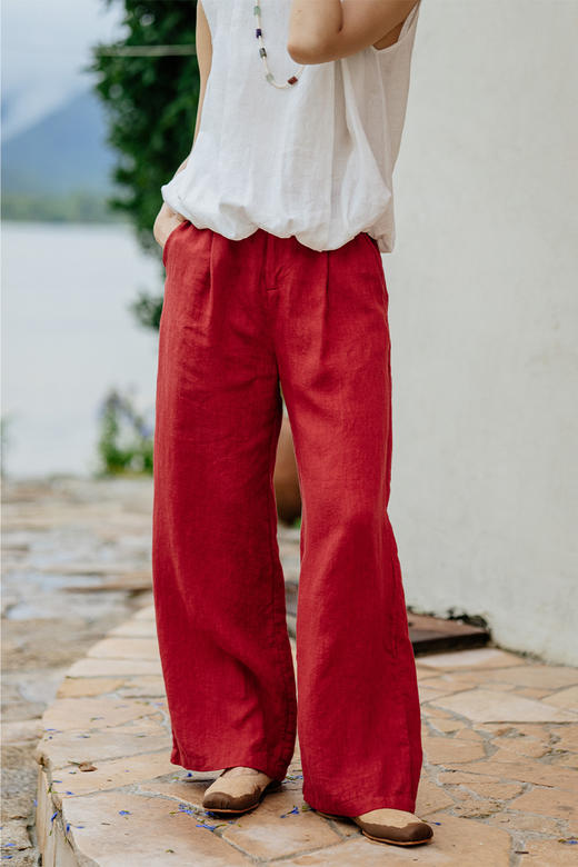 绽放旅行女装433朵/法国进口酵洗重磅色织亚麻直筒显瘦休闲长裤 商品图5