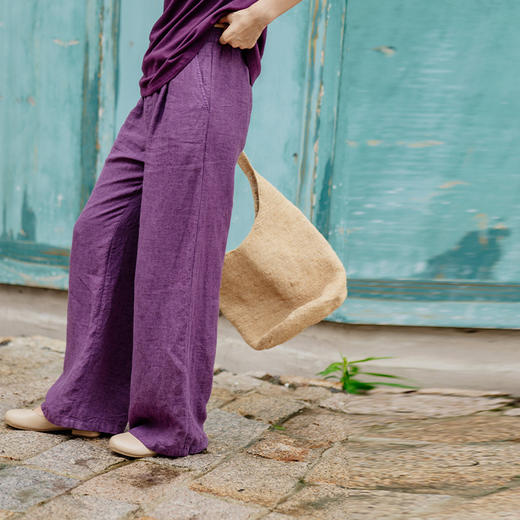 绽放旅行女装433朵/法国进口酵洗重磅色织亚麻直筒显瘦休闲长裤 商品图2