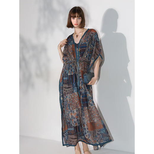 COCOBELLA民族风印花绒雪纺连衣裙7米+蕾丝镶边长裙FR7067 商品图2