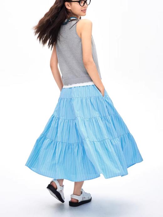 heris/H42110/学院蓝条纹印花 重工拼接A字大摆 蛋糕裙伞裙百搭 商品图1
