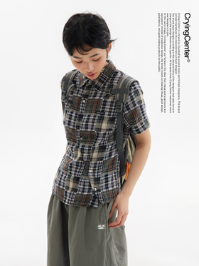 CryingCenter 复古拼接格纹斜向门襟短袖衬衫 哭喊中心