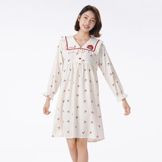 都市丽人睡衣亲情蜜语长袖裙家居服软绵绵提花薄女士梭织棉睡裙LHT6H3 商品图1