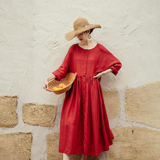 绽放旅行女装411朵/高支砂洗苎麻清凉透气宽松文艺圆领短袖连衣裙 商品图1