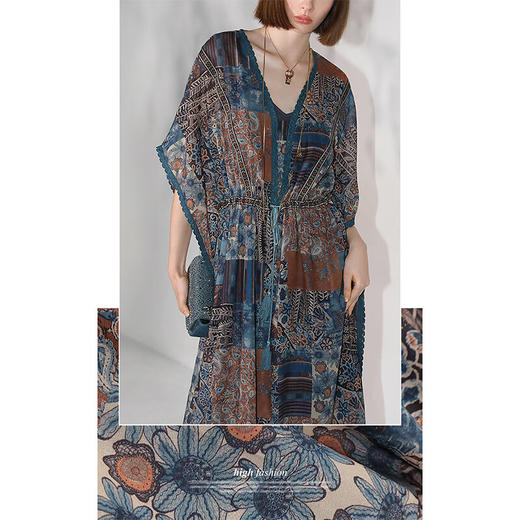 COCOBELLA民族风印花绒雪纺连衣裙7米+蕾丝镶边长裙FR7067 商品图1