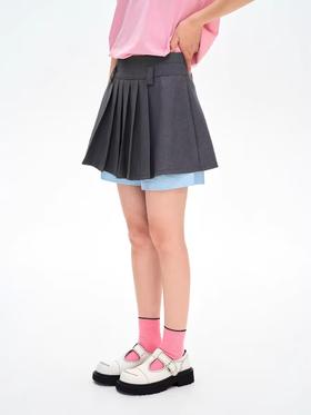 heris/H42112/灰蓝拼色假两件 学院感百褶A字 西装半身裙裙裤