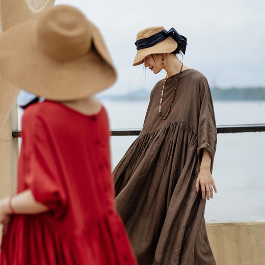绽放旅行女装411朵/高支砂洗苎麻清凉透气宽松文艺圆领短袖连衣裙 商品图0