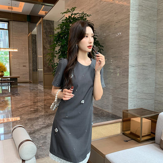 奢姿大码女装2025夏季减龄亮片拼接裙子胖妹妹立体装饰时尚连衣裙9942825748 商品图2