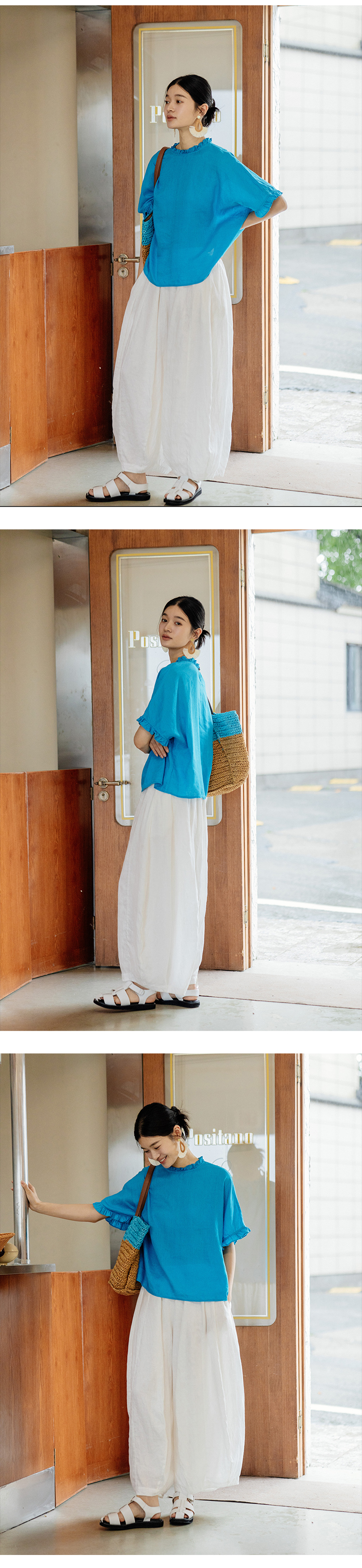 绽放旅行女装424朵/海湾蓝高支亚麻棉高端砂洗工艺棉