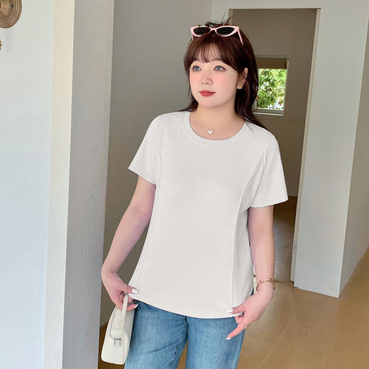 「四色可选！时尚好搭」大码女装正肩短袖T恤 2024春季新款胖妹妹宽松内搭圆领上衣 商品图2