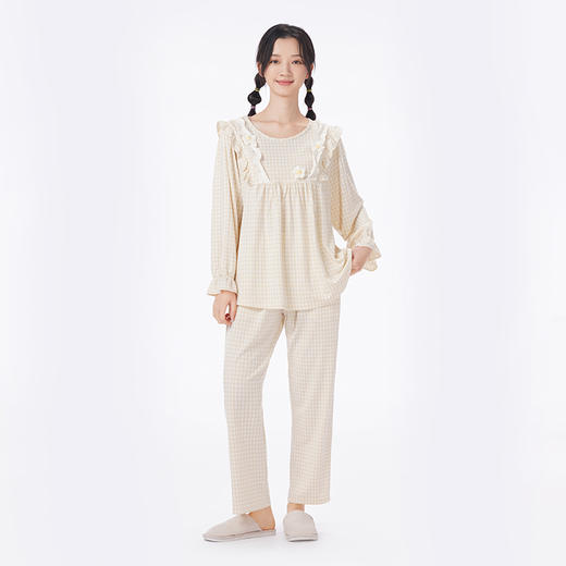 都市丽人睡衣会员精选长袖家居服针织色织格提花薄女士棉质套装LHT2L6 商品图1