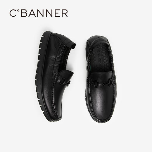 千百度男鞋一脚蹬皮鞋秋季男士真皮休闲皮鞋黑色豆豆鞋A24454021 商品图2