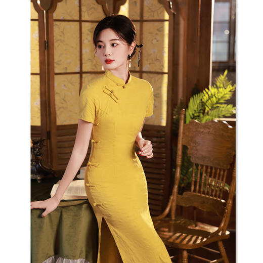棉麻长款短袖旗袍2024春夏新款复古国风旗袍SYK13382 商品图0