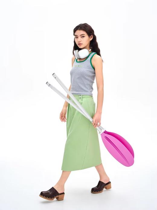 heris/H42114/草果绿细斜棉布 打褶花苞廓形 A字中长半裙百搭 商品图2