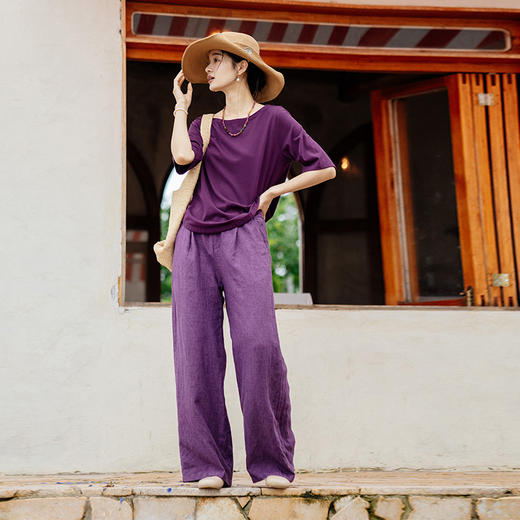 绽放旅行女装433朵/法国进口酵洗重磅色织亚麻直筒显瘦休闲长裤 商品图3