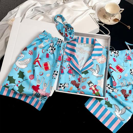 现货 【夏日欢乐派对】高级感设计6A级羽毛冰丝气质轻奢家居服套装五件套（睡衣套装+短裤+吊裙+发箍）到手五件~H242271858 商品图4