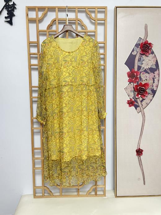 丁摩 真丝连衣裙女复古印花圆领宽松大摆桑蚕丝连衣裙20-120HS-DS399 商品图3