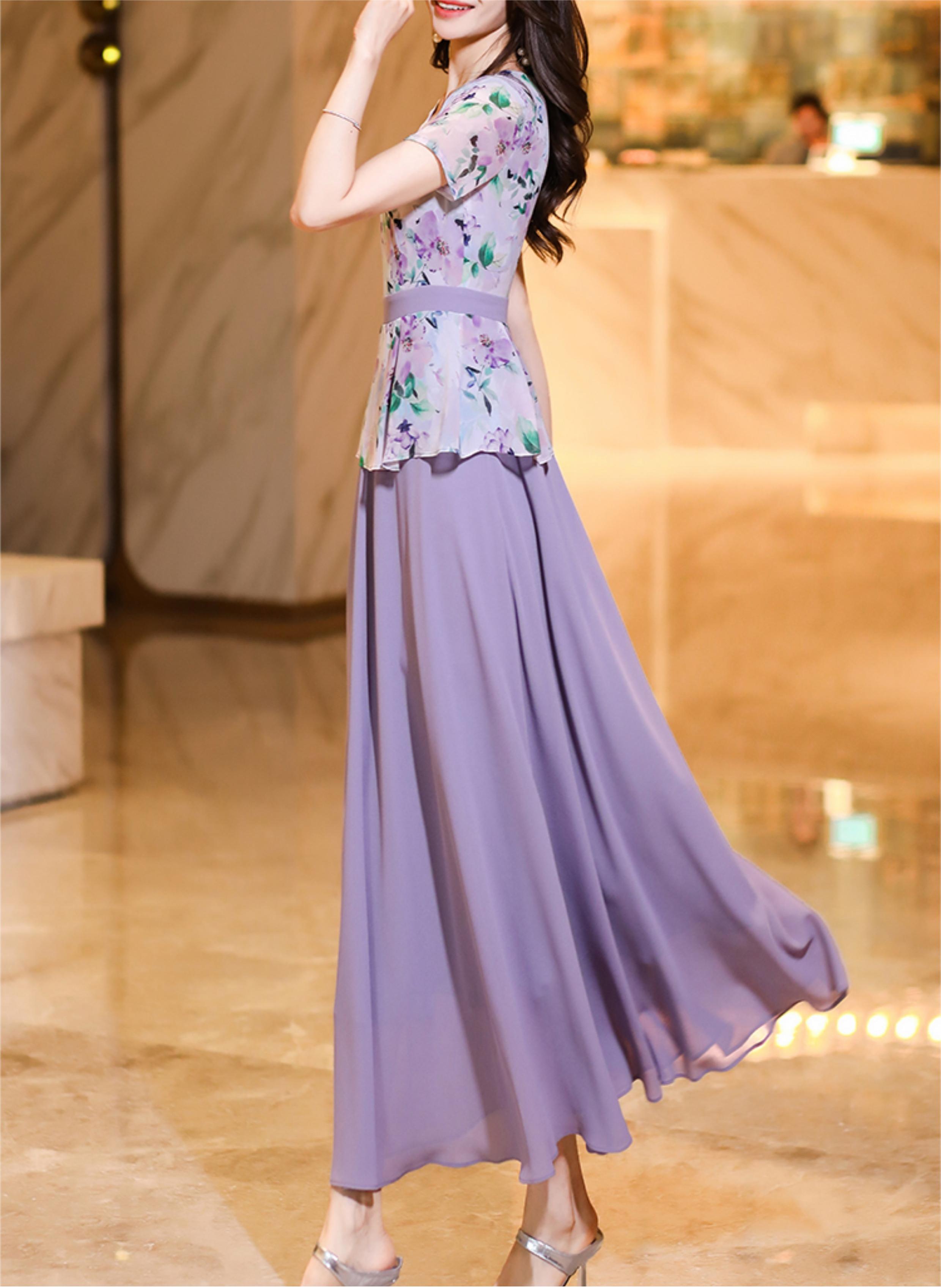 首尚格释--2024夏季新款收腰显瘦雪纺连衣裙假两件气质减龄长款大摆