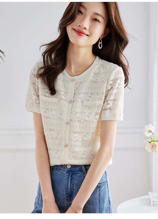 【59元福袋，不支持退换】高级蕾丝上衣女短袖夏季新款撞色圆领勾花镂空时尚小衫 商品图4