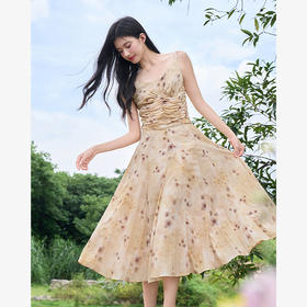 复古晕染印花气质吊带裙女夏季V领扭结肩带褶皱连衣裙V1441223