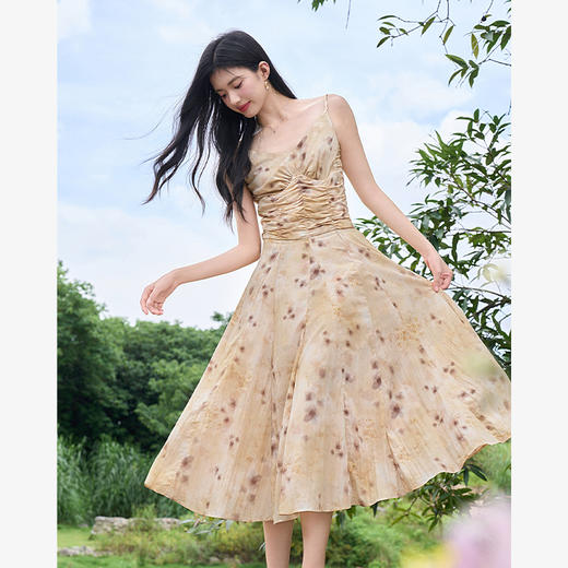复古晕染印花气质吊带裙女夏季V领扭结肩带褶皱连衣裙V1441223 商品图0
