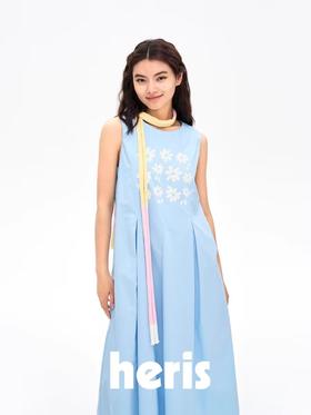 heris/H42107/冰蓝花朵印花 学院百褶A摆气质 圆领宽松无袖连衣裙